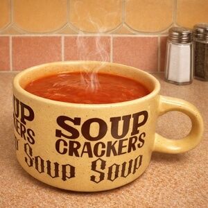 Vintage 70s Korean Stoneware Soup Mug Retro Typography • Chunky Pottery
